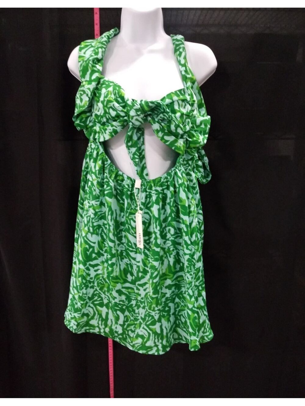 Glam Green Print Halter Mini Dress Tie Front M
